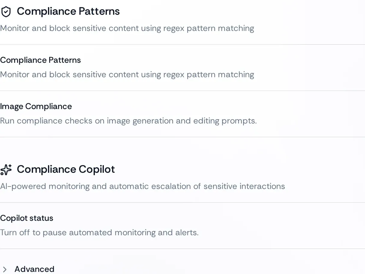 The Compliance settings: compliance patterns, image compliance and the Compliance Copilot switched on, with templates such as BSI IT-Grundschutz and KDG below.