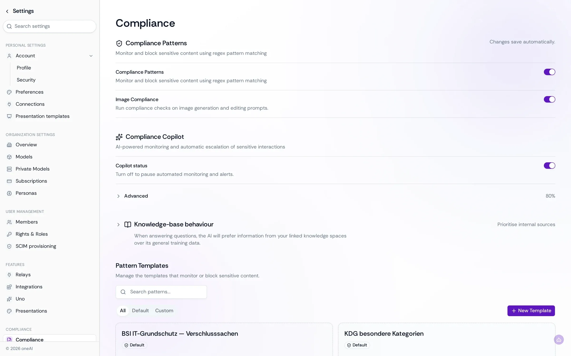 The Compliance settings: compliance patterns, image compliance and the Compliance Copilot switched on, with templates such as BSI IT-Grundschutz and KDG below.