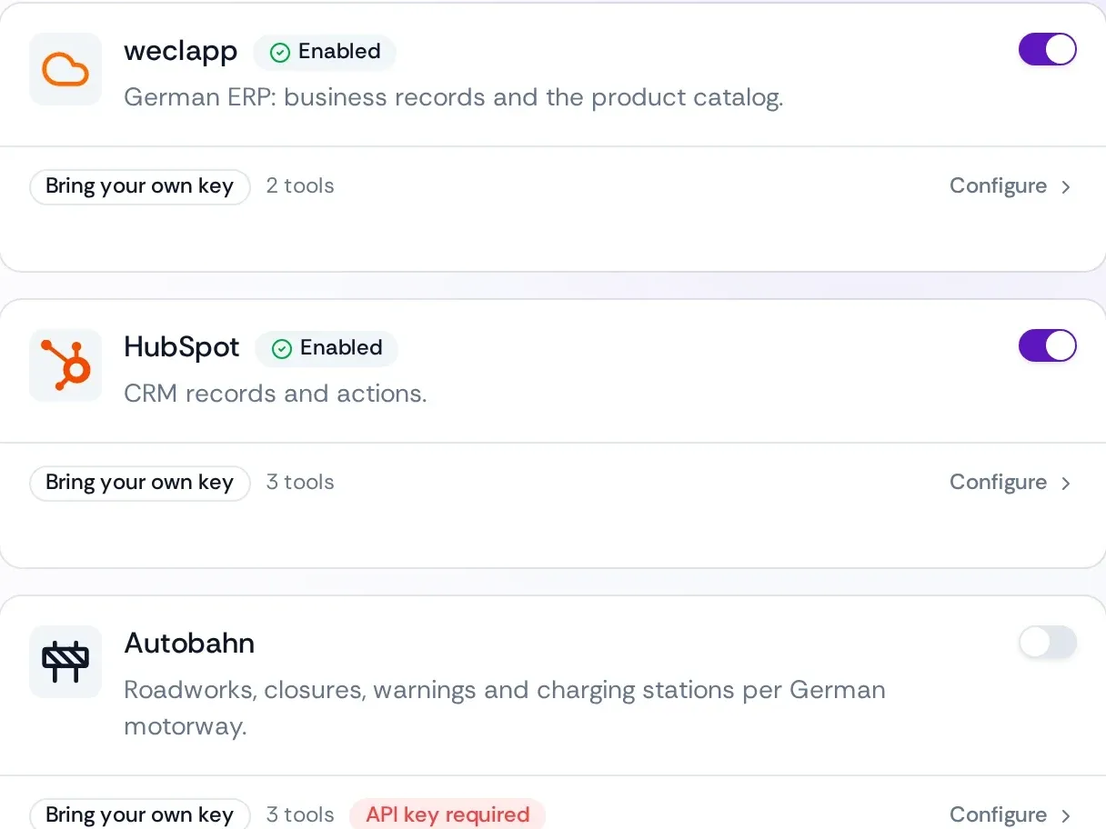 The Integrations settings: OpenRegister, weclapp, DHL and HubSpot enabled, ITscope and Autobahn off, and three MCP servers below.