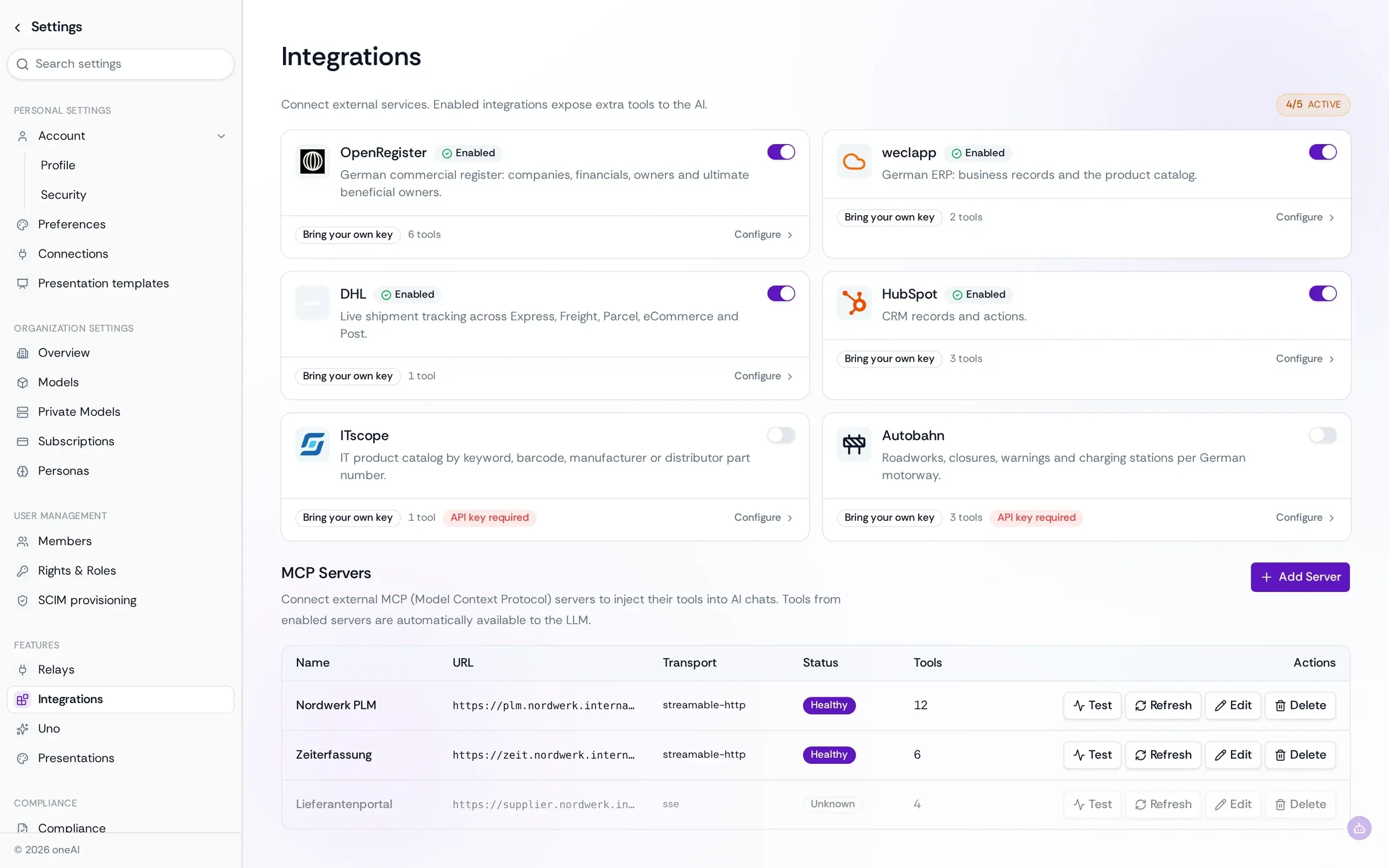 The Integrations settings: OpenRegister, weclapp, DHL and HubSpot enabled, ITscope and Autobahn off, and three MCP servers below.