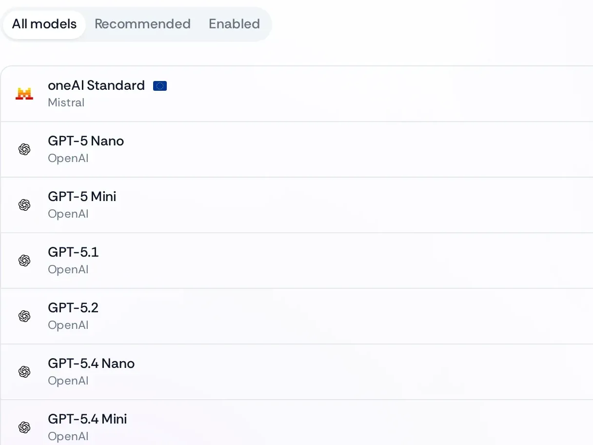 The Models settings: a searchable list of organisation models with oneAI Standard, marked with the EU flag, always included.