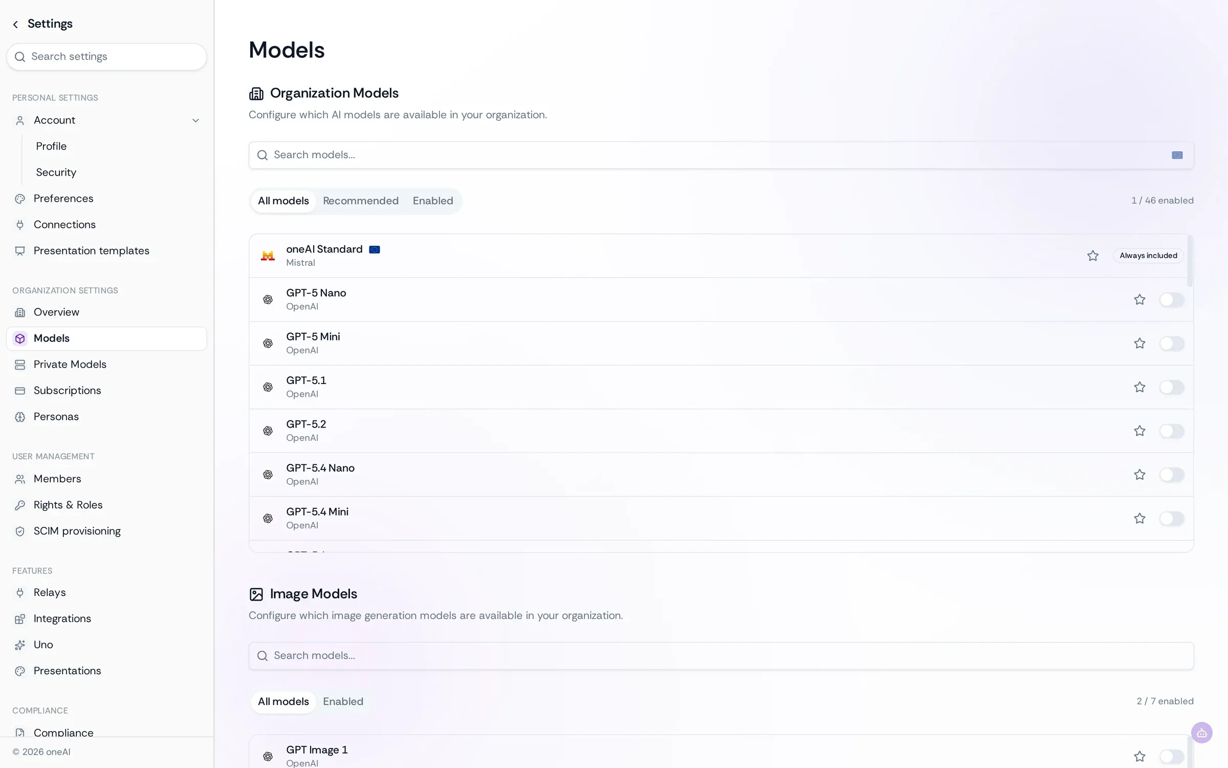 The Models settings: a searchable list of organisation models with oneAI Standard, marked with the EU flag, always included.