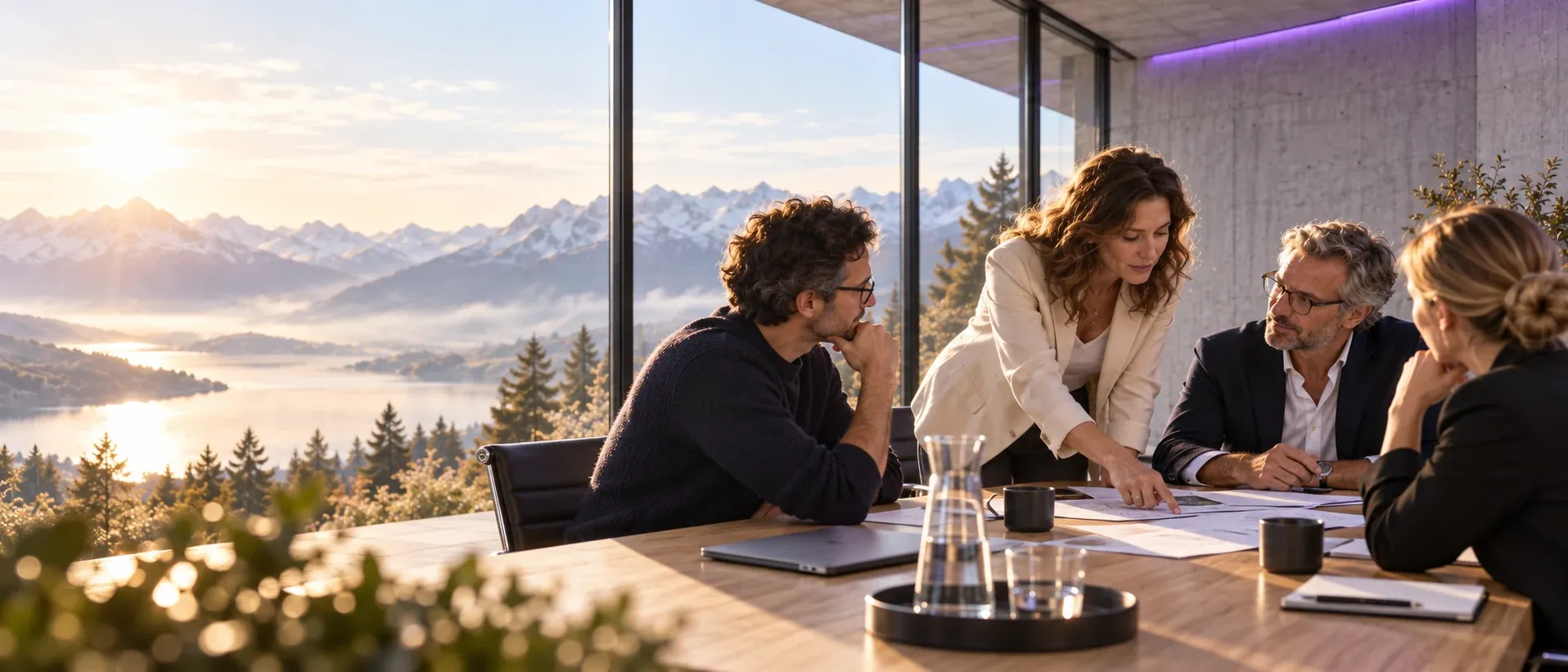 Four people from a partner team round a table in a glass meeting room above an alpine lake at sunrise, one of them pointing at printed plans.