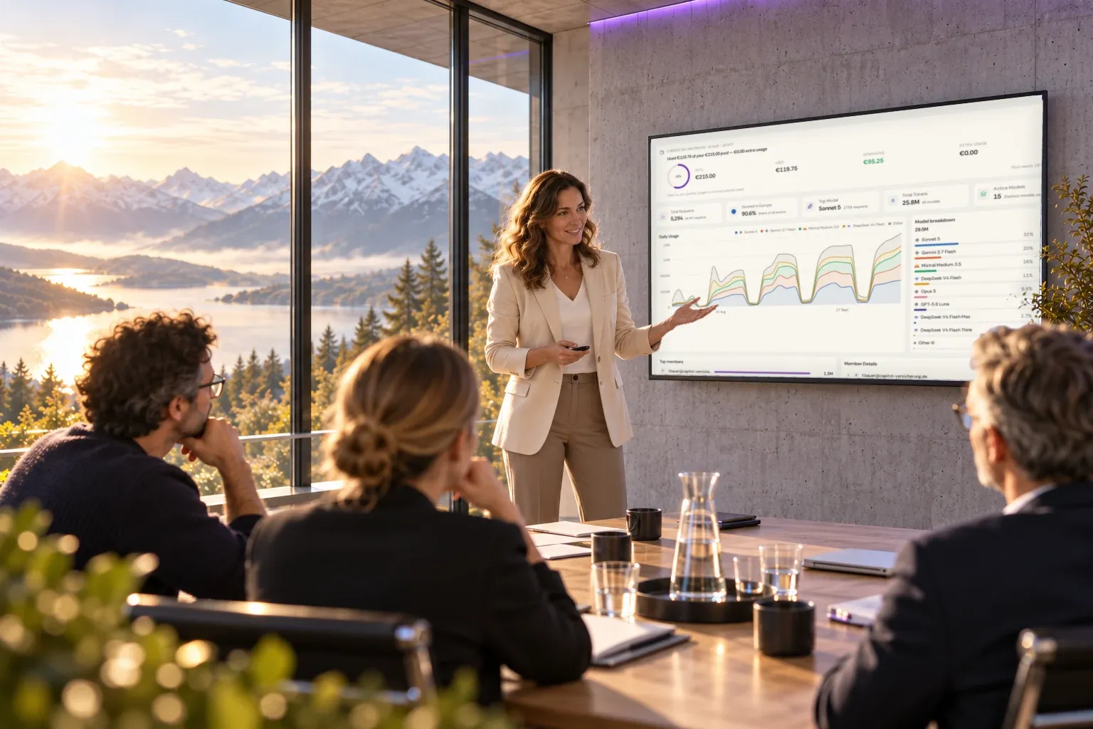 A partner presenting the oneAI usage dashboard, with daily usage and the model breakdown, on a large display in a meeting room above an alpine lake.