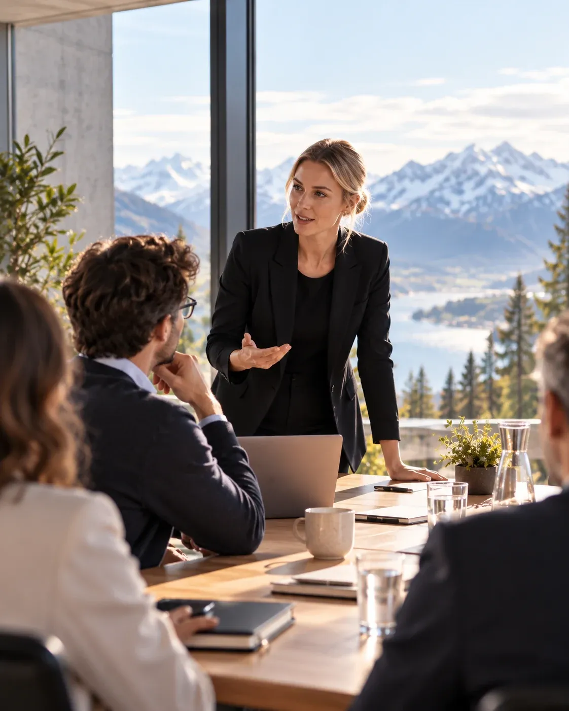 A trainer explaining something to a partner team at a table in a bright meeting room with mountains behind.