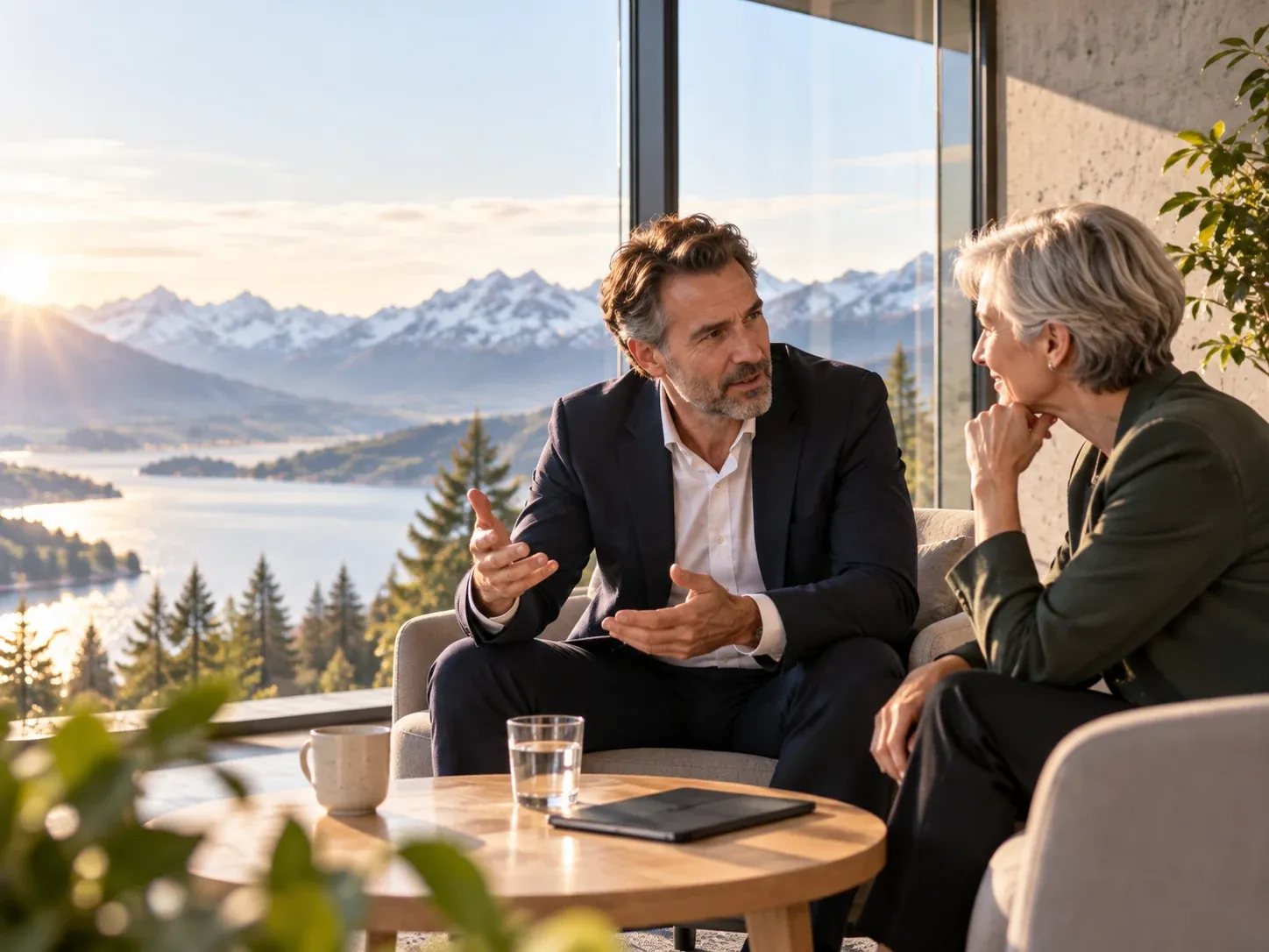 A partner in conversation with a client in armchairs by a window over an alpine lake.