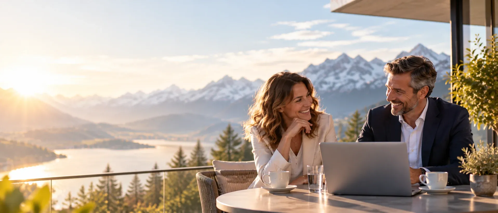 Two partners laughing at a terrace table with a laptop above an alpine lake.