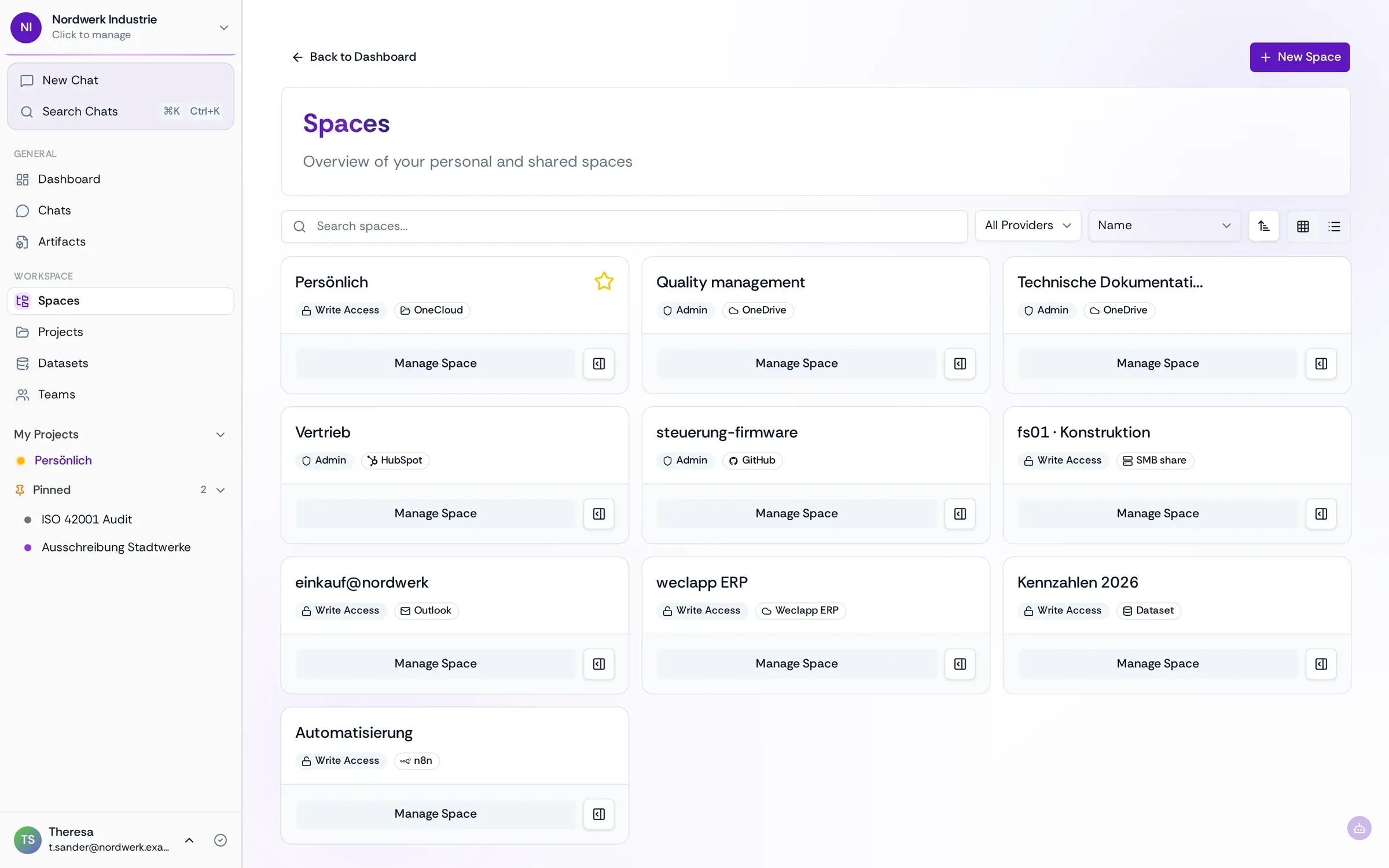 The Spaces page: nine Spaces, each connected to a source such as OneDrive, HubSpot, GitHub, an SMB share, Outlook, weclapp or n8n.